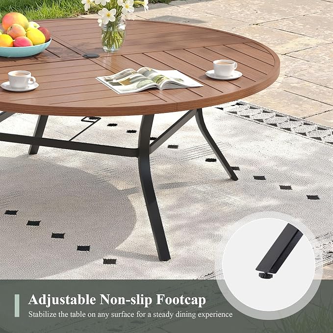 Outdoor Dining Set for 8, 63.1" Outdoor Dining Table with Umbrella Hole and Padded Textilene Patio Swivel Chairs, 9 Pieces Patio Table and Chairs Set for Garden Backyard, Mixed Brown and Walnut