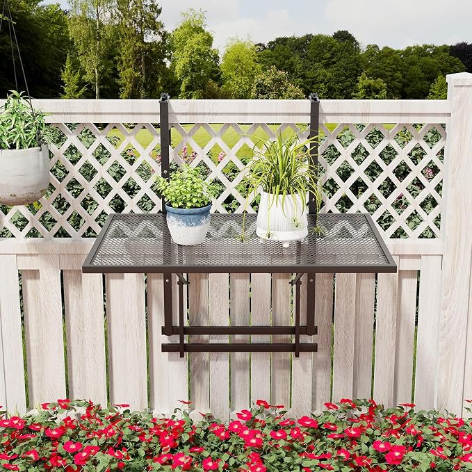 LDAILY Balcony Railing Table, Large Metal Folding Hanging Table with 5-Level Adjustable Height, Heavy-Duty Outdoor Bar Table Fits 1.4”-4” Railings for Patio, Porch, Deck, Black