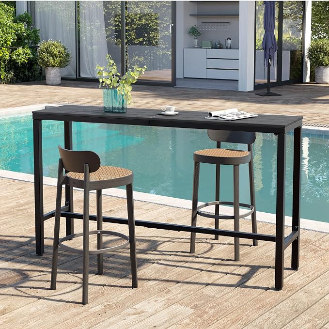 Outdoor Bar Table 63" All-Weather Patio Bar Table with Metal Frame and Waterproof Wood-Like Tabletop Outdoor Console Table for Balcony Yard Garden Bistro Hot Tub Use(Black)