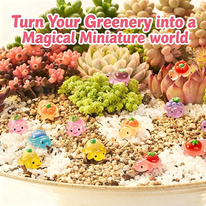 60Pcs Mini Resin Turtles, Tiny Sea Animals Figures, Small Luminous Bulk Glow in the Dark, Stylized Turtles Fruits & Veggies on the Back for Crafts Micro Landscaping Tank Fairy Garden Decor