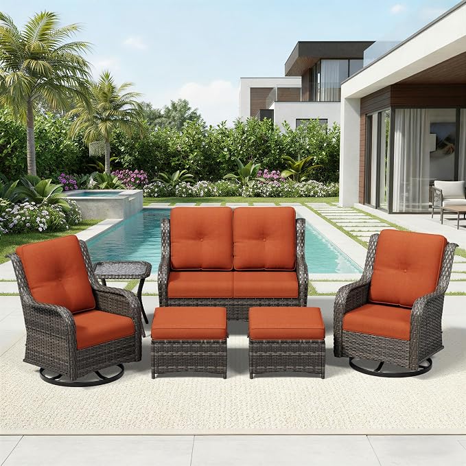 Joyside 6 Piece Wicker Patio Furniture Set, Outdoor Swivel Rocker Patio Chairs with High Back, Deep Seating, Wide Armrest, Thickened Cushions, Outdoor Furniture for Deck, Porch Use