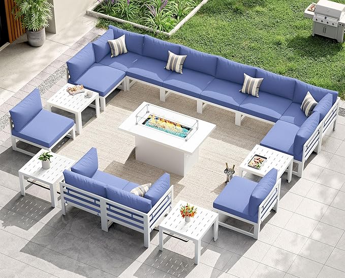 NICESOUL 17 Piece Extra Large Modern Aluminum Patio Furniture Set with Fire Pit, Modular Comfortable Outdoor Conversation Set with Side Table, 500 lbs Heavy Duty Sectional Sofa for Garden, Denim Blue