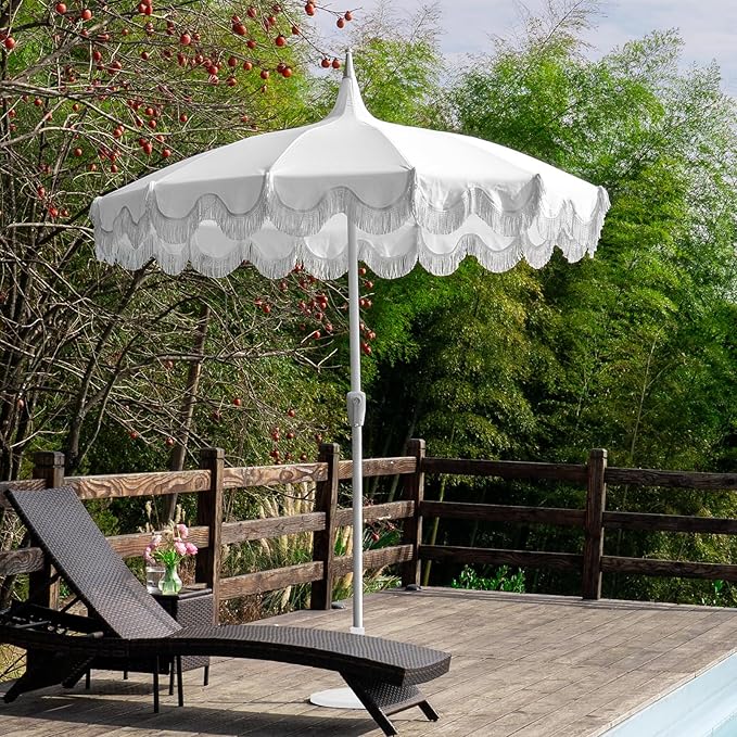 7.5ft Pagoda Patio Umbrella with Fringe, UPF50+ Tassel Umbrella with Crank & Fiberglass Ribs, Holiday Outdoor Umbrella for Garden Pool Lawn Yard Table
