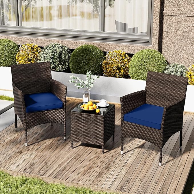 RELAX4LIFE 3-Piece Patio Furniture Set - Rattan Wicker Outdoor Conversation Set w/Cushions & Glass Coffee Table, Balcony Furniture for Porch Garden Backyard, Bistro Table and Chairs Set of 2 (Navy)