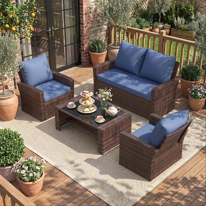 UDPATIO Patio Furniture Set, Outdoor Furniture Sets with Loveseats Sofa, Wicker Rattan Outdoor Conversation Set with Storage CoffeeTable for Backyard, Deck, Porch,Brown/Blue