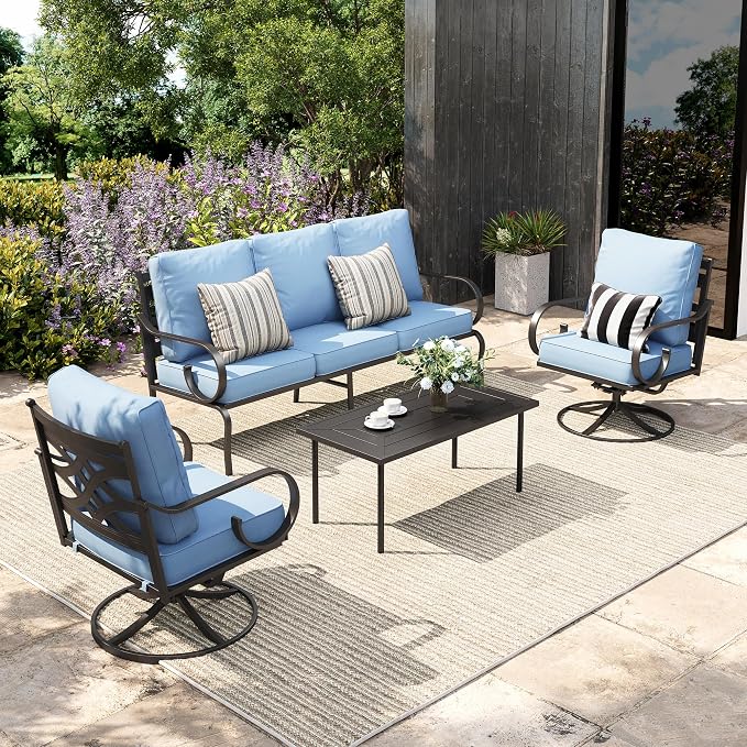 Sophia & William Patio Conversation Set for 5, 3-Seater Sofa, 2 Swivel Chairs and a Coffee Table, Metal Outdoor Furniture with 5.75" Extra Thick Cushions, Blue