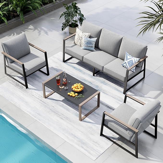 PHI VILLA Metal Patio Furniture Set,5 Seats Outdoor Patio Conversation Set,All Weather Outdoor Couch Set Patio Sofa Set with Coffee Table,Black Frame with Textilene Cushion（Backyard ICON Collection）