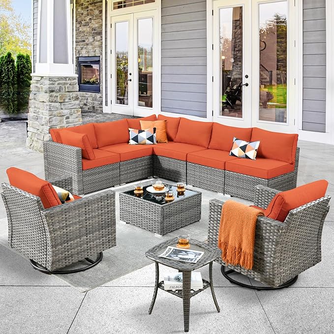 ovios Outdoor 10 Piece Coversation Set with Swivel Rocking Chair,Sectional Patio Furniture Set with All-Weather Wicker Sofa,Modern Outside Couch for Balcony Backyard Pool, Orange