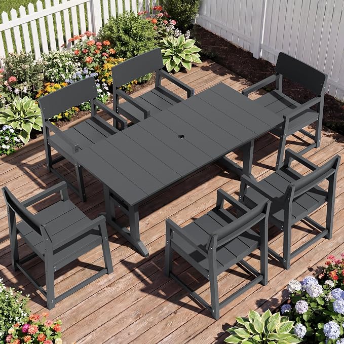 JAMFLY 7 Piece Outdoor Dining Set, All Weather Patio Table and Chairs for Backyard Garden Deck Lawn Pool, Sturdy All Weather Outdoor Furniture Set with Umbrella Hole, Grey