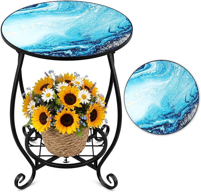 Outdoor Side Table - Double Layer Round Marble Pattern Patio Accent, 14 Inch Coffee Tea Metal Outside End Table for Yard Patio Porch Balcony Garden Indoor Living Room Bedroom Decor