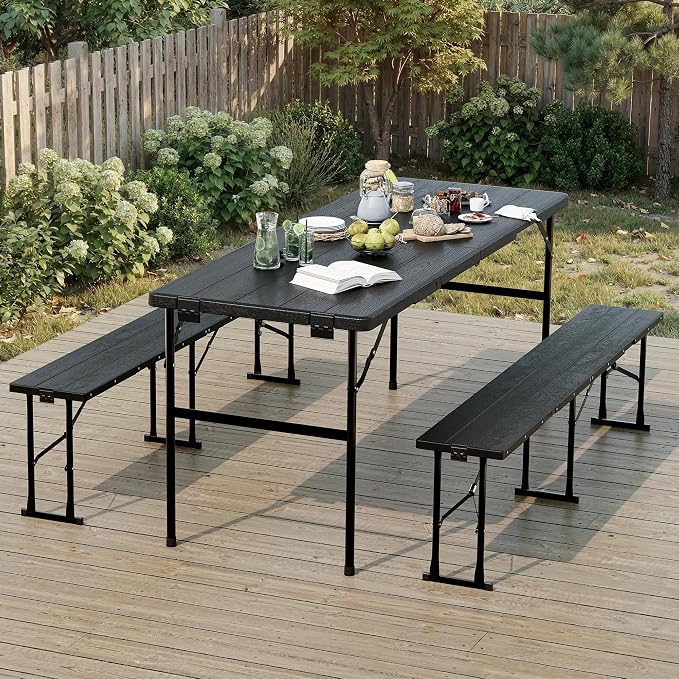 Polar Aurora Picnic Table Set with 2 Benches, 6 Feet Folding Camping Table Chair Set, Portable 3-Piece Outdoor Furniture with Wood Grain Top for Party, Picnic, Camping, Wedding (Black)