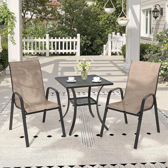 3 Pieces Outdoor Dining Set, 27.5" Square Table & Stackable Patio Dining Chairs, Patio Table and Chairs Set for Deck Garden Porch, Brown Chairs & Black Table