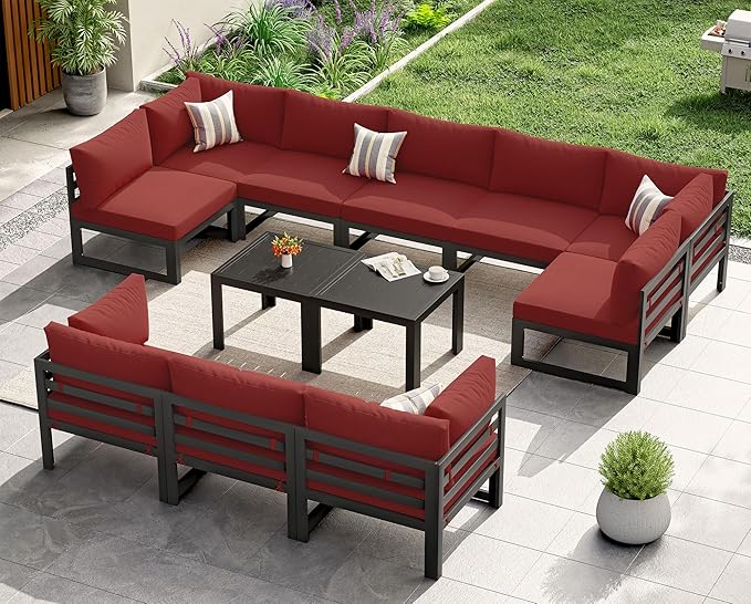 NICESOUL 12 Piece XL Aluminum Patio Sectional Furniture Set with Side Table, 500 lbs Heavy Duty Anti-Rust Outdoor Couch, 29" Extra Deep Wide Seating, High End Conversation Sofa for Poolside Yard, Red