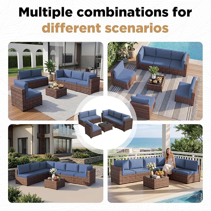 LHBcraft Patio Furniture Set,7 Pieces Outdoor Wicker Rattan Patio Furniture with Rain Cover, Wicker Rattan Outdoor Sectional Sofa Set with Coffee Table for Garden, Taupe-Blue