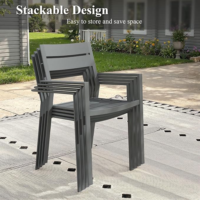 Patio Dining Set for 6, 63" Outdoor Dining Table and Chairs Set with Stackable Patio Chairs Outdoor Furniture for Garden Deck Backyard, Dark Grey Table and Grey Chairs
