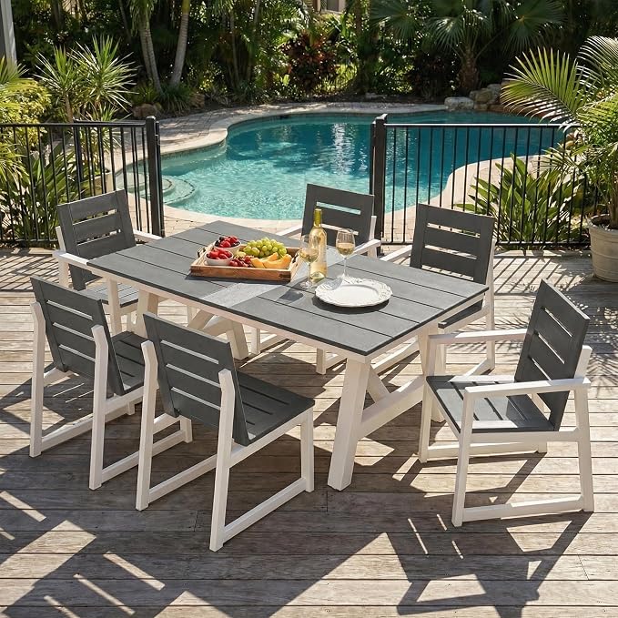 Costaelm Outdoor Dining Tables for Patio, 72" Rectangle 6-Person HDPE Dining Table with Umbrella Hole and Metal Frame for Outside, Garden, Poolside, Backyard, Porch, Balcony, Gray