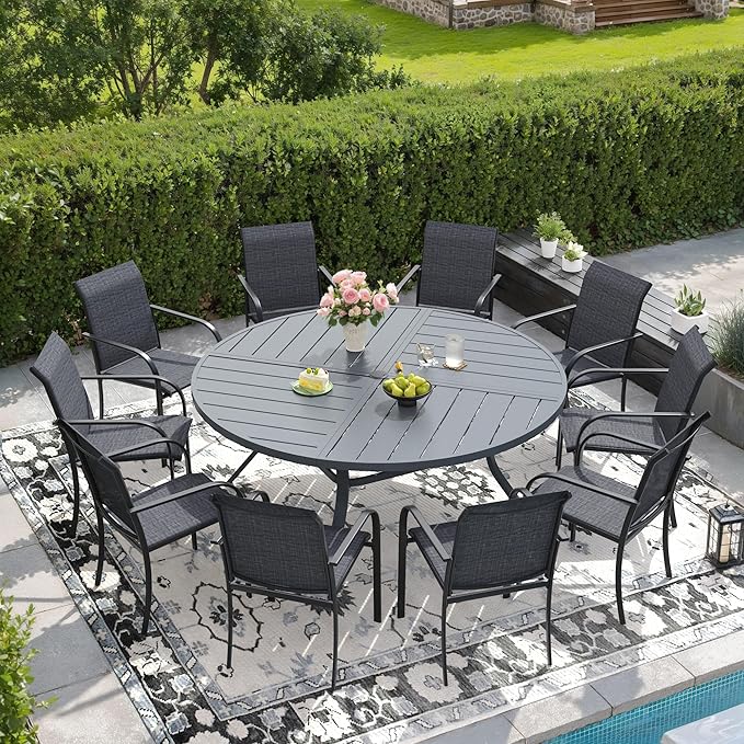 DIFY Patio Dining Set for 10, 11 Piece Outdoor Table and Chairs Set, 59.8" Round Metal Patio Dining Table and 10 Textilene Stackable Patio Chairs, for Backyard Garden Poolside, Grey