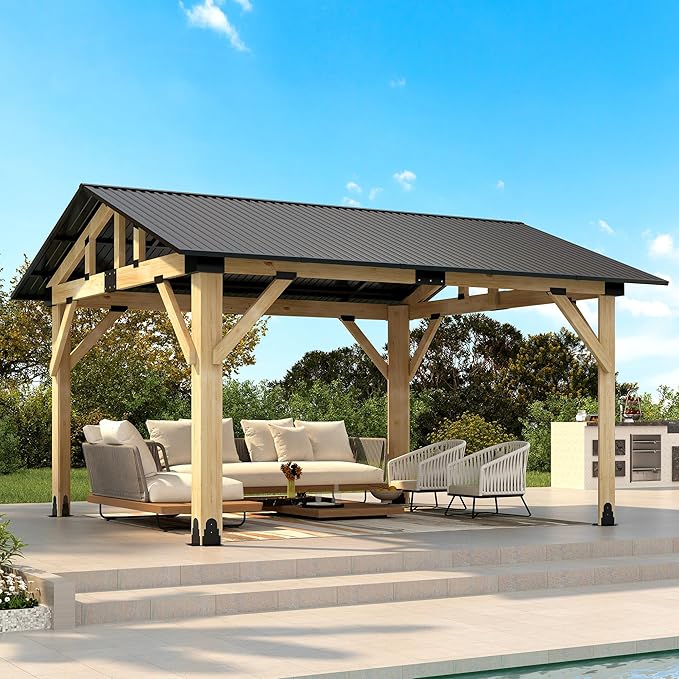11' x 13' Wood Gazebo, Outdoor Cedar Wood Hardtop Gazebo with Galvanized Steel Roof, Wooden Frame Gazebos for Backyard, Patio, Deck