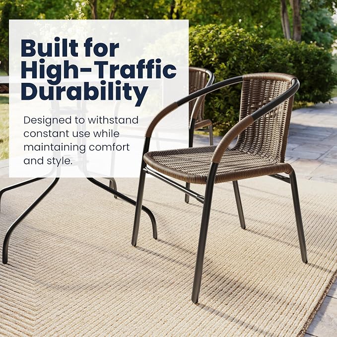 Flash Furniture Lila 3-Piece 28" Square Indoor/Outdoor Patio Table and Chairs Set, Glass Metal Bistro Table and 2 Stacking Rattan Chairs, Brown | Tempered Glass, Dark Brown Rattan Edging, 2 Rattan Stack Chairs