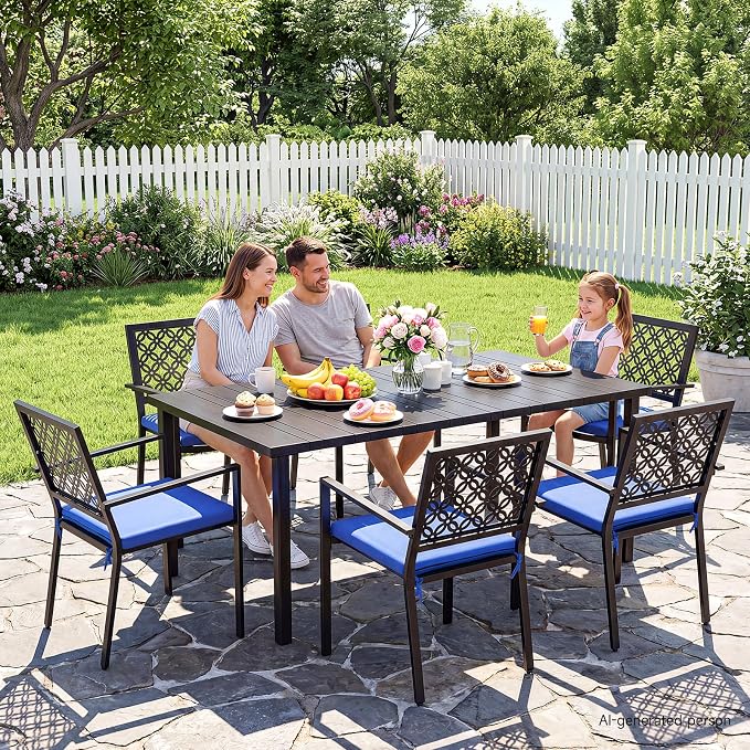 LuxaDomus 7 Piece Outdoor Dining Set, Wood Grain Outdoor Patio Table and Chairs Set, Metal Dining Set with with 6 Spacious Dining Chairs, All Weather Patio Furniture Set for Deck Garden Poolside