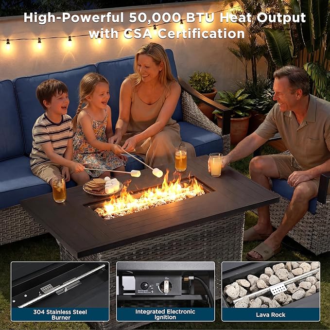 Outdoor Patio Furniture Set with 42.5" Fire Pit Table-6 Pieces All Weather Wicker Outdoor Furniture with High Back Swivel Patio Chairs Set of 2 Outdoor Patio Conversation for Deck Garden Blue/Gray