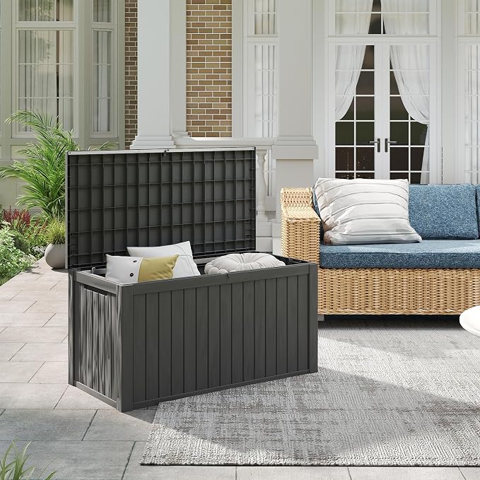 180 Gallon Outdoor Deck Boxes, IP68 Waterproof Outdoor Storage Box with Hydraulic Lid Support, Outside Resin Container for Furniture, Toy, Shoe, Garden & Patio Tools Storage -Black