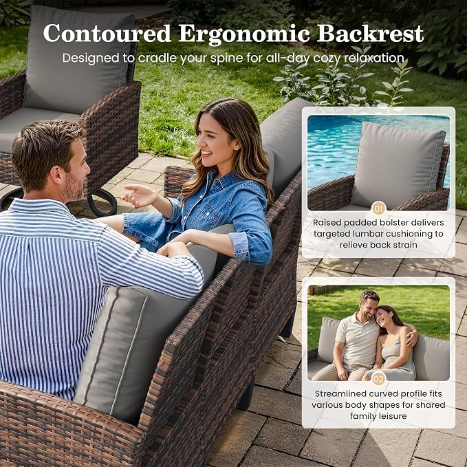 Amopatio Patio Furniture Set with Fire Pit Table,7 Pieces Conversation Sofa with 360° Swivel Chairs, All Weather Wicker Outdoor Furniture for Backyard Garden Pool Deck,Grey