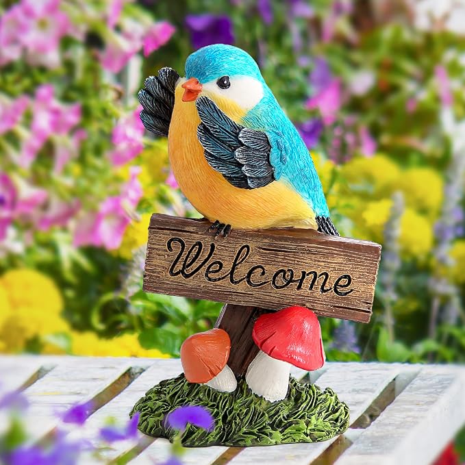 Leekung Bird Garden Statue Welcome Sign Outdoor Garden Decor for Patio Yard | Resin Bird Figurine Welcome Sign, Weather-Resistant Garden Statue for Front Porch,Entryway,Shelf,Table,Gift for Bird Lovers