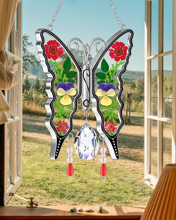 KY&BOSAM Butterfly Glass Crystal Pressed Flower Suncatchers Window Hanging | Colorful Prism Charm Sun Catcher Wind Chime Ornament,Metal Dried Flower and Glass,Mothers Day Gifts for Mom Christmas
