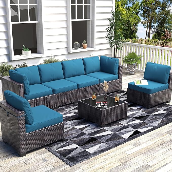 GarveeHome 7 Piece Patio Furniture Set, PE Rattan Wicker Sectional Sofa Set with Cushions & Glass Top Coffee Table, Outdoor Conversation Furniture for Garden, Balcony, Porch, Backyard