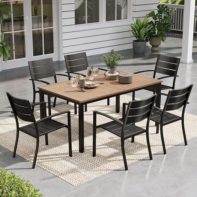 Sophia & William Patio Dining Set Outdoor Table and Chairs 7 Piece Metal Patio Table Furniture Set with Large Rectangular Dining Table for 6 Person and Stackable Outdoor Chairs Support 300LBS