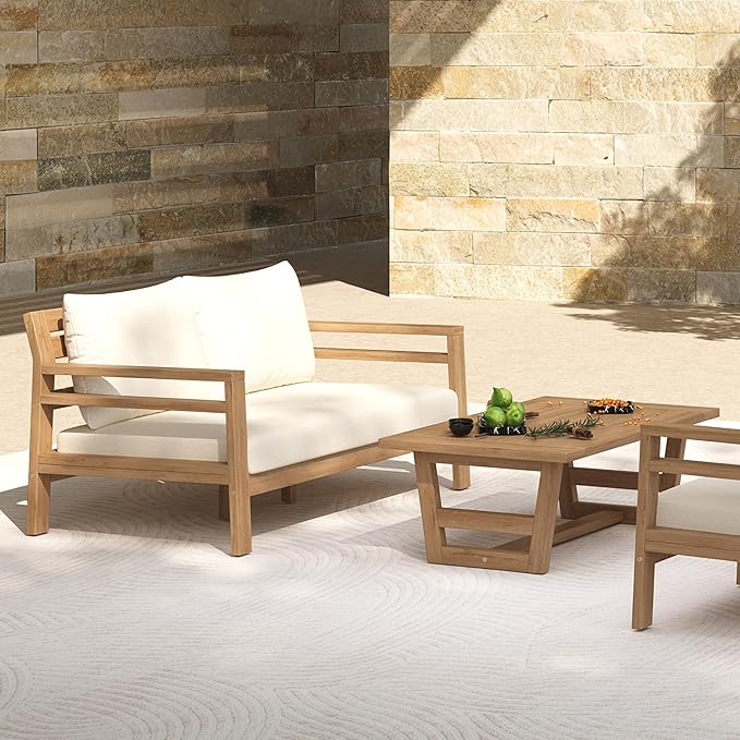 Christopher Knight Home Jamaia 2 Pieces Acacia Furniture Set, Patio Conversation Chat 2-Seat Sofa Set with Coffee Table, Outdoor Acacia Loveseat Set for Garden Porch Backyard Balcony, Light Teak+Beige