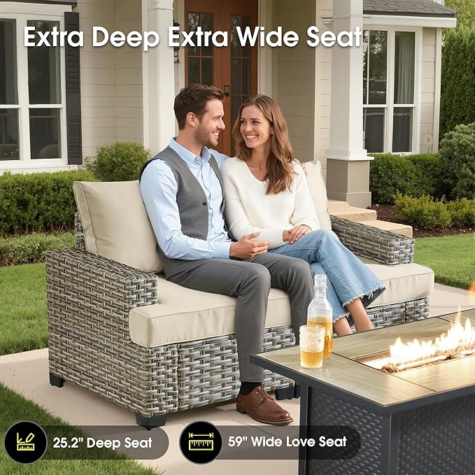 Rattan Patio Furniture Set with Fire Pit,10 Pieces Outdoor Sectional with Single Chair Ottoman,Out Door Furniture Conversation Set,Beige