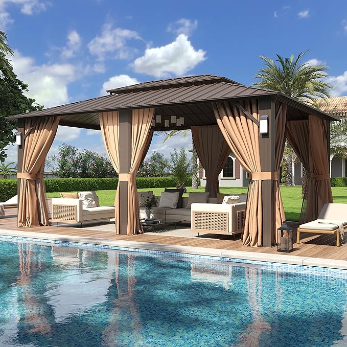 Aoxun 16'x12' Hardtop Gazebo with 4 LED Lights, Outdoor Gazebo with Galvanized Steel Double Roof, Patio Gazebo with Breathable Netting & Privacy Curtain, Decor Hooks for Backyard, Brown