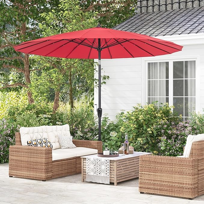 Tangkula 9FT Round Patio Umbrella, Outdoor Market Umbrella with 18 Fiberglass Ribs, Push Button Tilt, Crank, Fade-resistant Canopy & Ventilation, Aluminum Table Umbrella for Backyard, Pool (Wine)