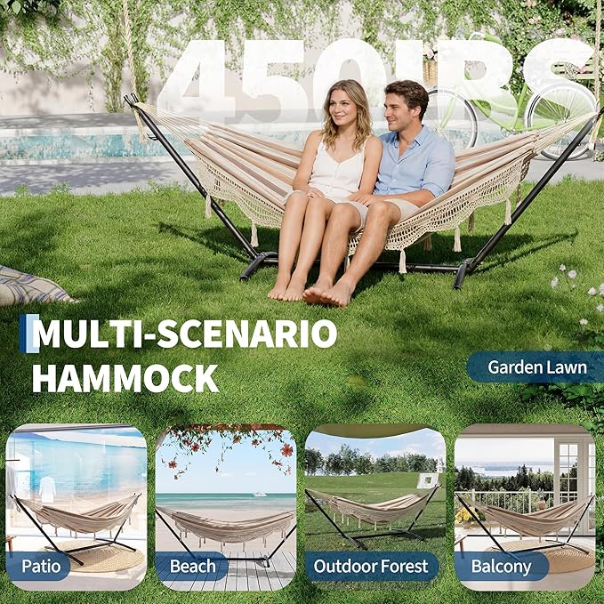 2 Person Hammock with Heavy-Duty Steel Stand, Portable Double Hammock with Lace, MAX 450 LBS Capacity for Outdoor Patio Backyard Poolside, Easy Assembly