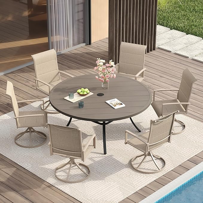 VICLLAX 7 Pieces Patio Dining Set for 6-Outdoor Furniture Includes 53" Round Outdoor Table and Swivel Padded Chairs, Grey Wood Grain Tabletop and Sandshell Fabric