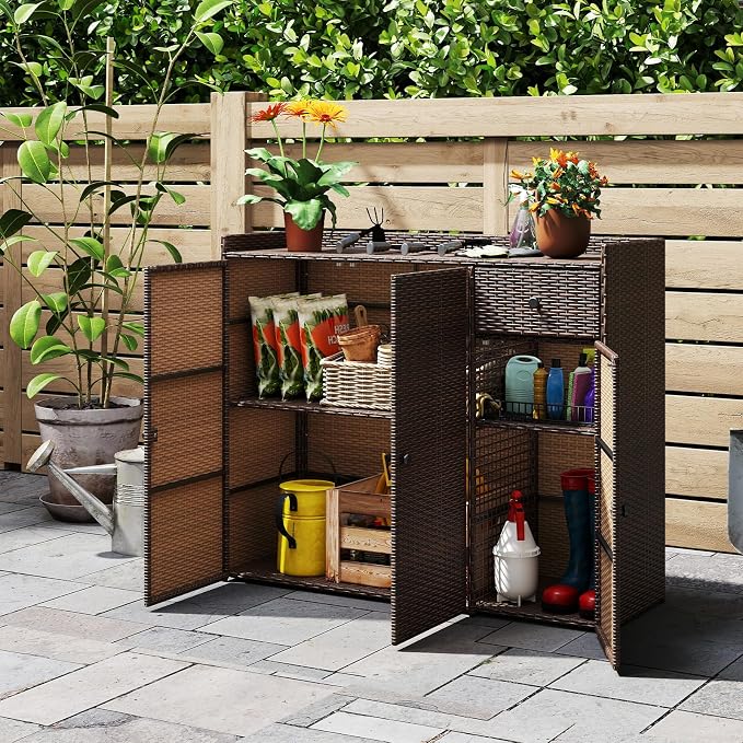 HAPPYGRILL Outdoor Rattan Wicker Deck Box Storage Cabinet, Patio Sideboard Buffet Cabinet with Adjustable Shelves and Drawer, Outside Console Bar Table for Garden Poolside