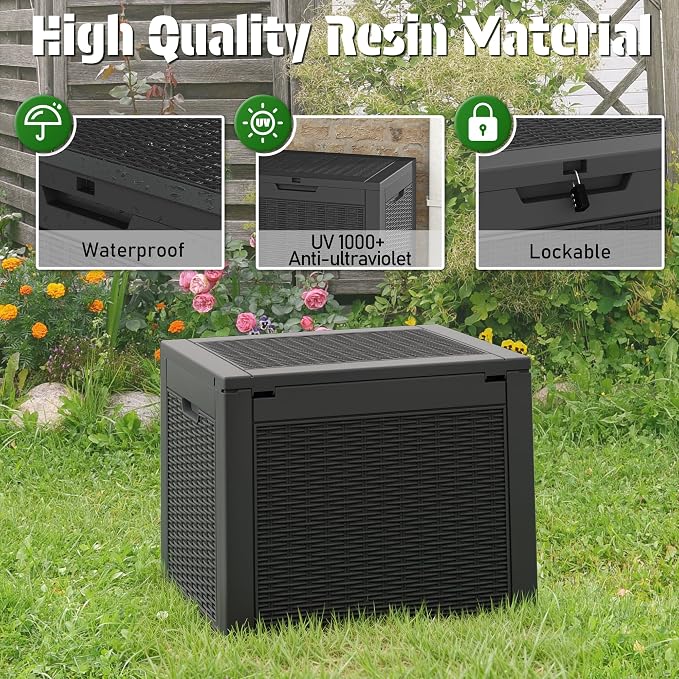 Outdoor Storage Box, 35 Gallon Resin Deck Boxes Outdoor Waterproof For Patio Furniture, Garden Tools, Pool Supplies, Lockable And UV Resistant (Rattan Black)