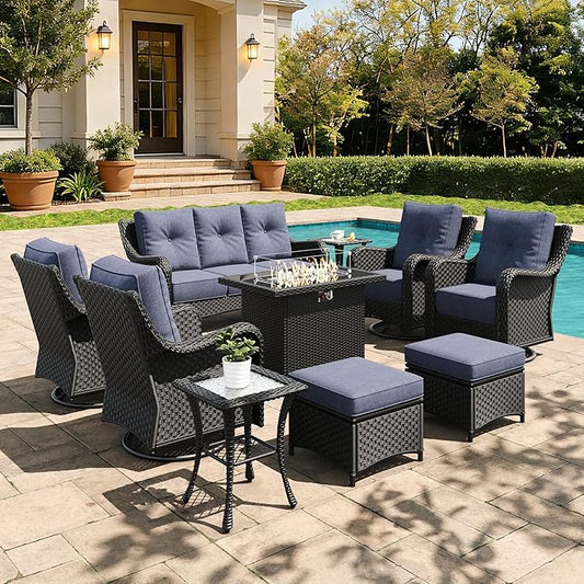 10 Pieces Outdoor Furniture Set with 6-inch Cushions, High Back Wicker Swivel Rocker Chairs with Fire Pit Table, Luxury Conversation Set for Deck Patio and Poolside