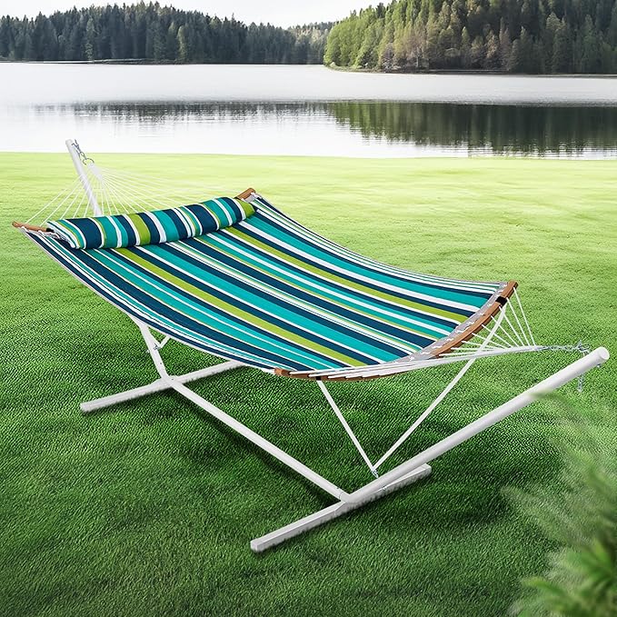 SUPERJARE Curved-Bar Hammock with Stand, 2 Person Heavy Duty Hammock Frame, Detachable Pillow & Portable Carrying Bag, Perfect for Outdoor & Indoor, Blue-Green Stripe