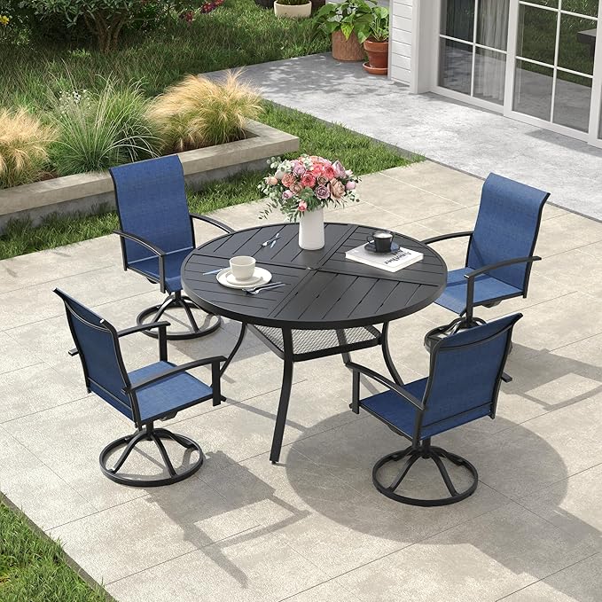 VICLLAX Outdoor Table and Chairs Set for 4, Patio Dining Set of 40.6" Metal Round Patio Table with Umbrella Hole & 4 Swivel Outdoor Dining Chairs for Backyard Lawn, Dark Blue & Black
