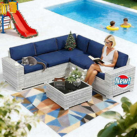 YLGJ&TIDY Patio Furniture Set, 8 Inch Armrest Outdoor Sectional Sofa, 6 Piece Wicker Outdoor Furniture Conversation Sets with Waterproof Cushions and Coffee Table for Backyard Deck