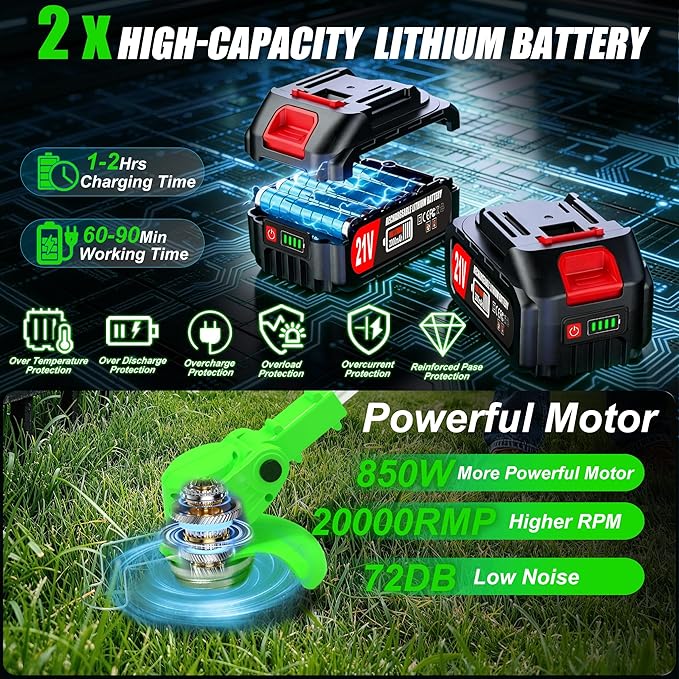 Cordless Weed Wacker Electric Eater 21V Battery Powered String Trimmers 3-in-1 Grass Trimmer/Lawn Edger/Brush Cutter Lightweight Portable Garden Tool with 4 Types Blades & Wheels for Garden Yard