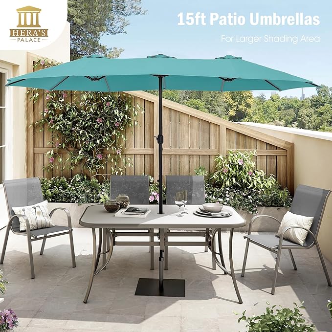 HERA'S PALACE Umbrella Patio Outdoor with Base 15ft Rectangle Table Double Market Umbrellas Clearance Large Included Stand for Deck Outside Pool Turquoise