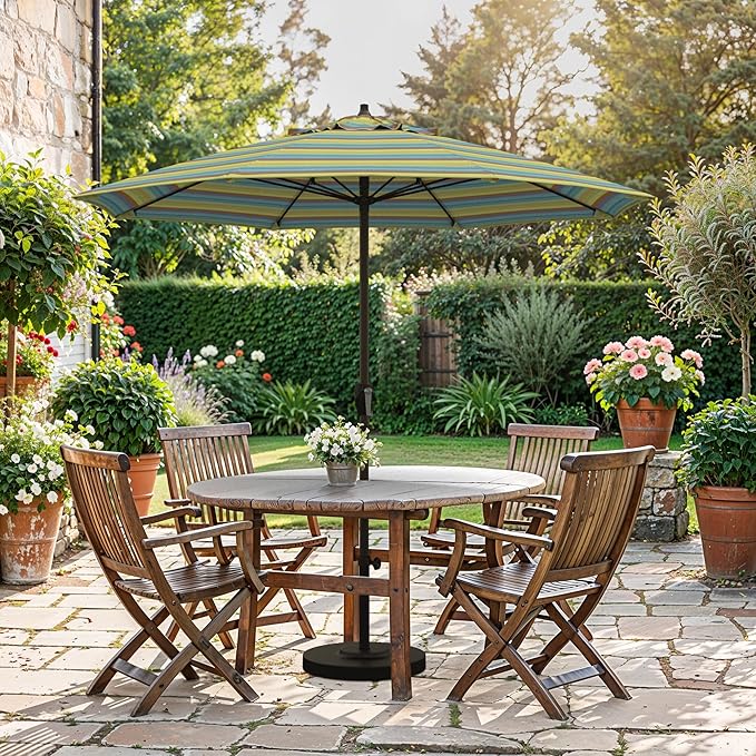 California Umbrella 12-Year Protection 7.5-Ft Outdoor Patio Umbrella, Sunbrella Fade-Resistant Fabric, Auto-Tilt, Heavy Duty Aluminum Frame, 8 Reinforced Ribs for Pool or Deck, Bronze Pole, Astoria Lagoon