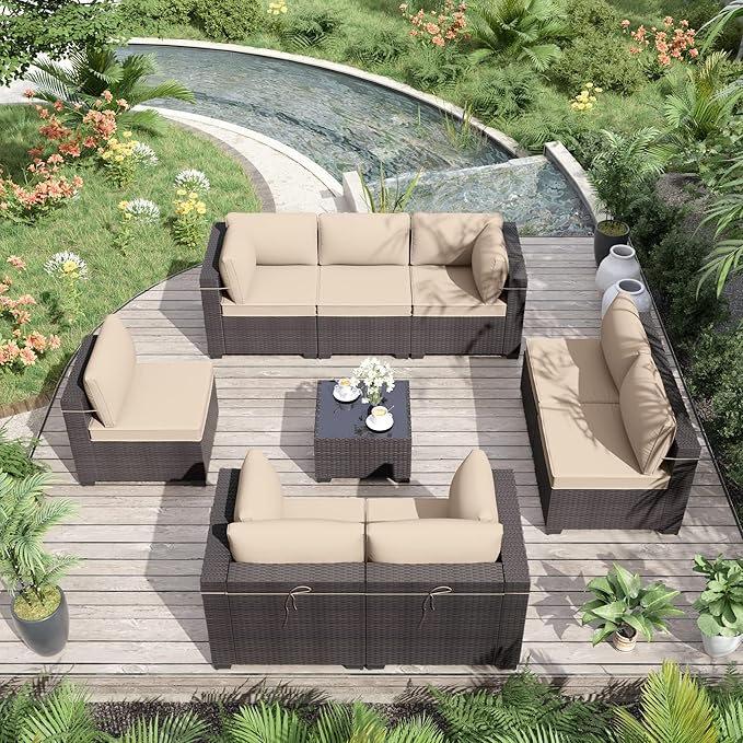 ALAULM 9 Pieces Patio Furniture Set Wicker Patio Conversation Set with 4 Corner Sofas, Outdoor Sectional Furniture w/Coffee Table & Washable Seat Cushions-Sand
