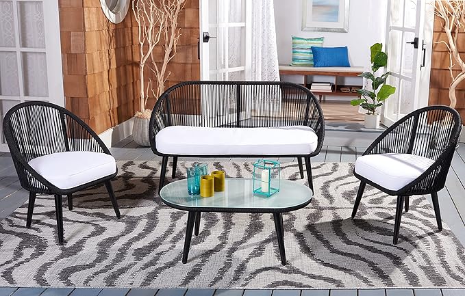SAFAVIEH Outdoor Collection Halcott Black Rope/White Cushion 4-Piece Conversation Patio Set