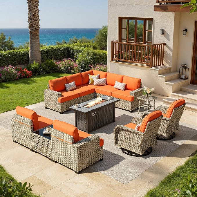 HOOOWOOO Sectional Patio Furniture Set with Fire Pit Table,12 Pieces Wicker Outdoor Furniture L Shaped Couch,Outside Conversation Set Extra Deep Seat Sofa Wide Arm Swivel Chairs Solar Light,Brick Red