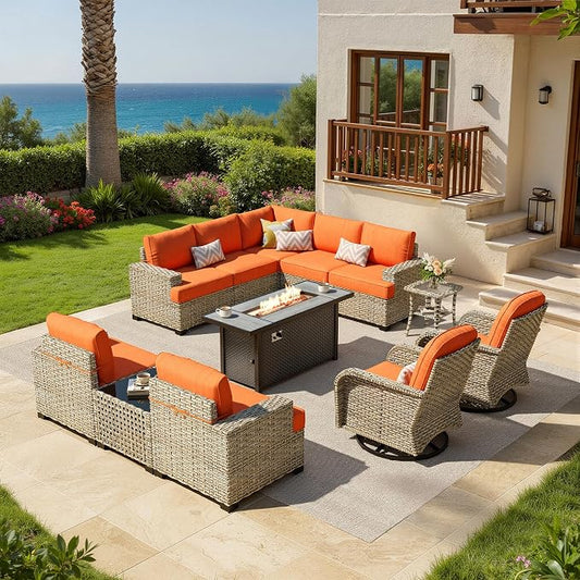 HOOOWOOO Sectional Patio Furniture Set with Fire Pit Table,12 Pieces Wicker Outdoor Furniture L Shaped Couch,Outside Conversation Set Extra Deep Seat Sofa Wide Arm Swivel Chairs Solar Light,Brick Red